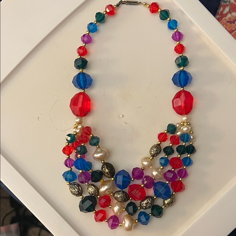 Vintage Multicolor Faceted Bead Statement Necklace with Pearl Accents